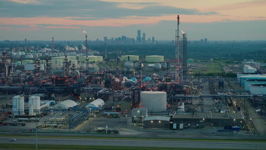 Petrochemical industrial complex lit at dusk with the city in the background