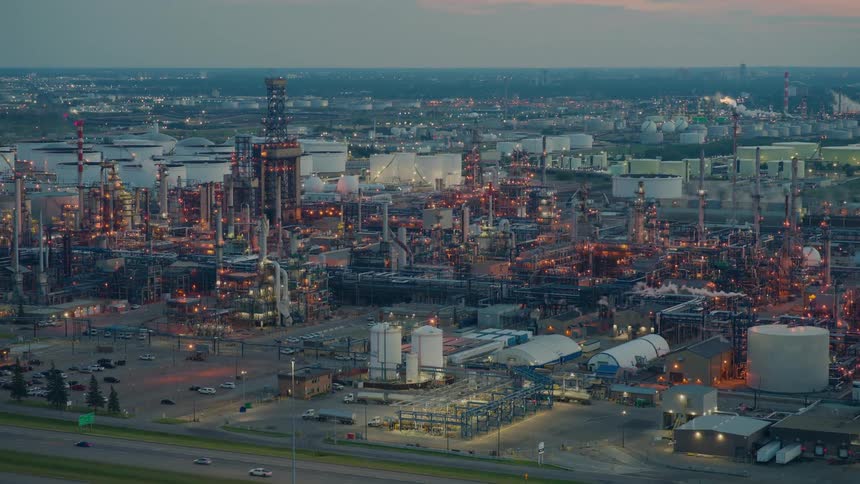 An industrial refinery glows at dusk with a highway in front