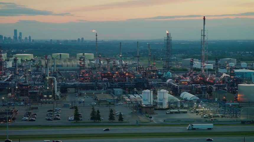 Wide view of an industrial refinery lit up at dusk with flames burning from the towers and cars parked around