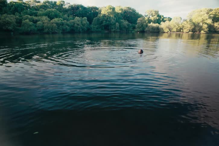 Woman swims alone in reflective water surrounded by trees on a cloudy summer day
