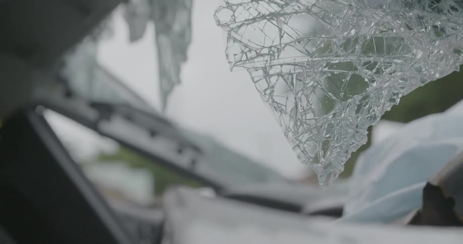 Broken windshield glass hangs from a wrecked car