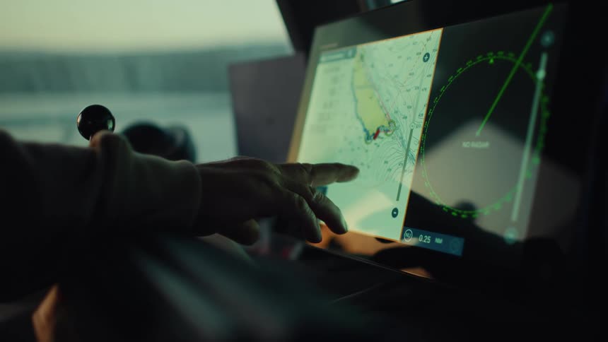 A persons hand using a touchscreen navigation system with a map and radar display