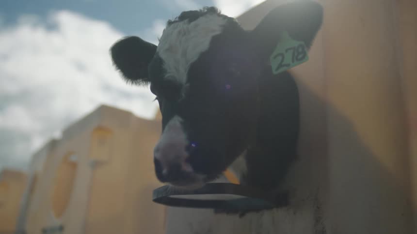 A young cow pokes its head out of a stall on a sunny day