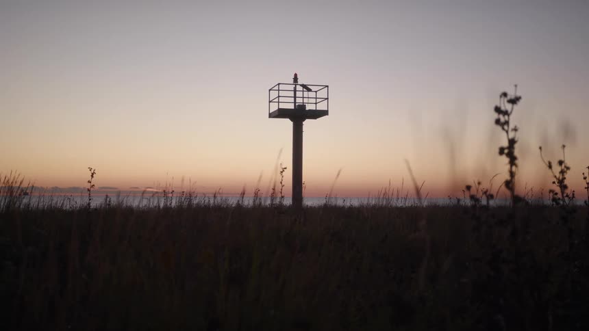 A tall lookout tower silhouetted against the dawn sky