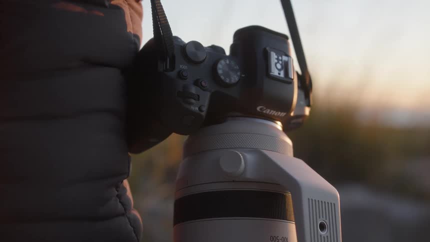 A very close view shows a camera with a large telephoto lens hanging from a strap in a natural setting