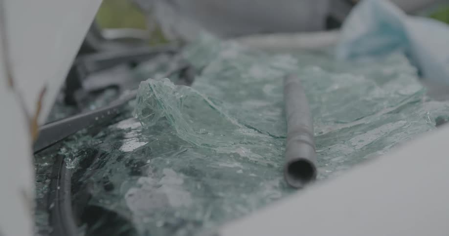 A close up of some broken glass with pieces of metal rods on top of it