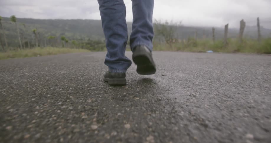 A man walks on a rural road on a cloudy day