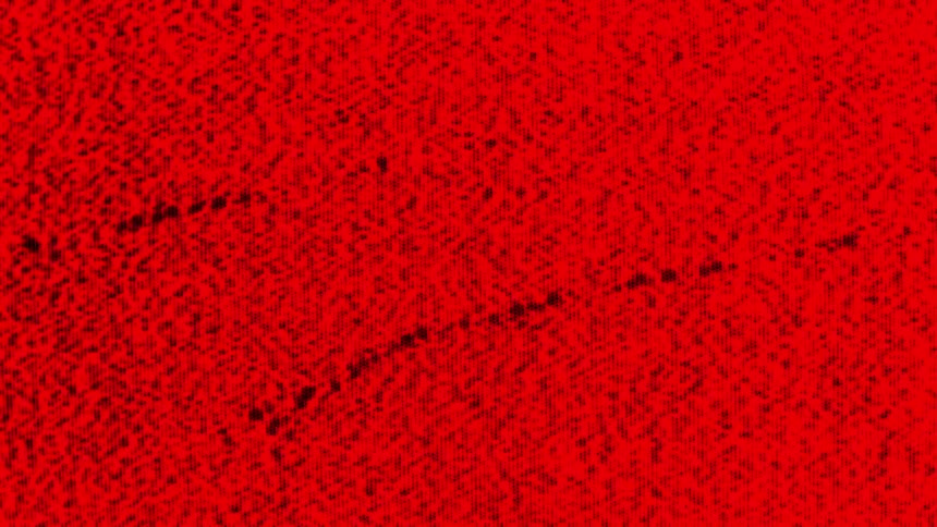 Static and black marks move across a field of red