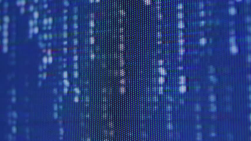 Closeup of a digital led screen showing pixelated blue data patterns