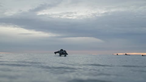A ssurfer paddling out on a board in the open ocean with calm gentle waves under a dusky sky