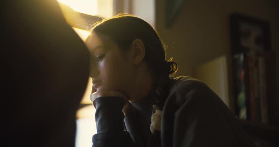 A young girl leans on a window from indoors staring outside at midday