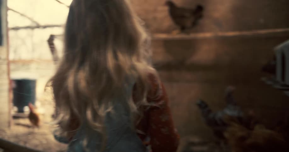 A young child walks into a dimly lit chicken coop