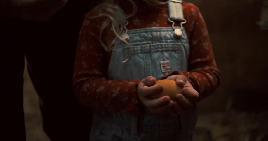 A girl is holding an egg in the chicken coop