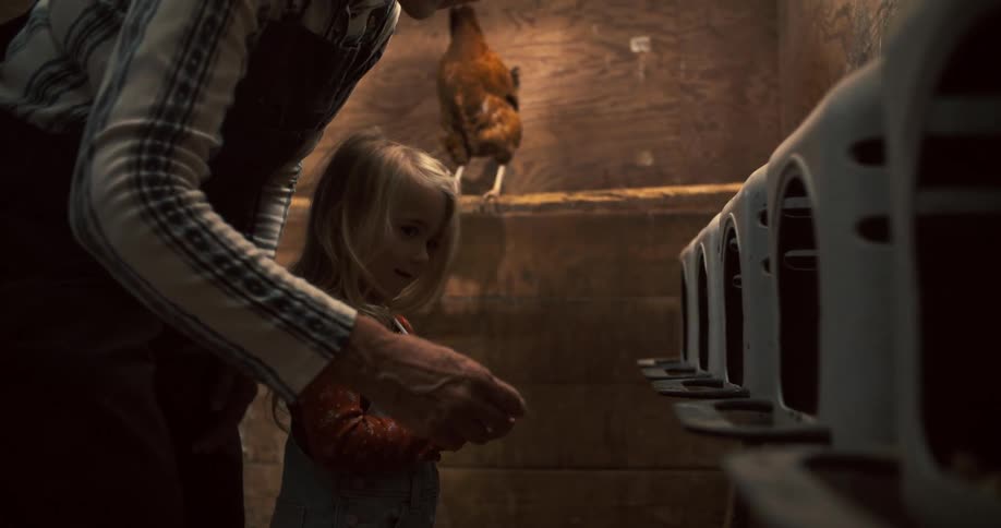 Elderly woman and young girl gather eggs from a coop