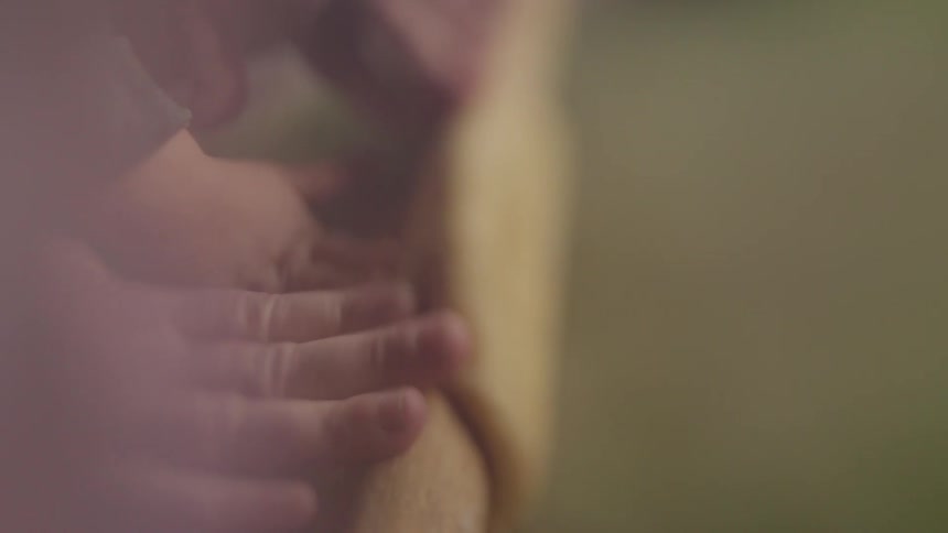 An adult and child flatten a piece of dough with a rolling pin