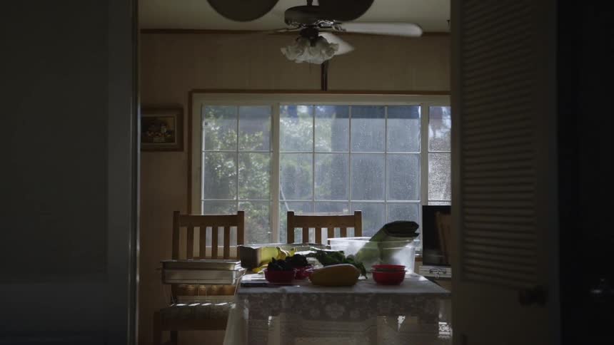 A ceiling fan operates above a kitchen table