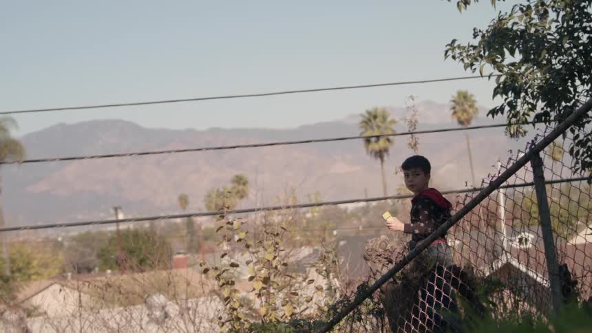 A boy standing in a fenced-in yard turns around