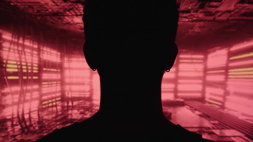 A dark silhouette of a persons head and shoulders is centered in the frame with a futuristic background of abstract red and yellow lights