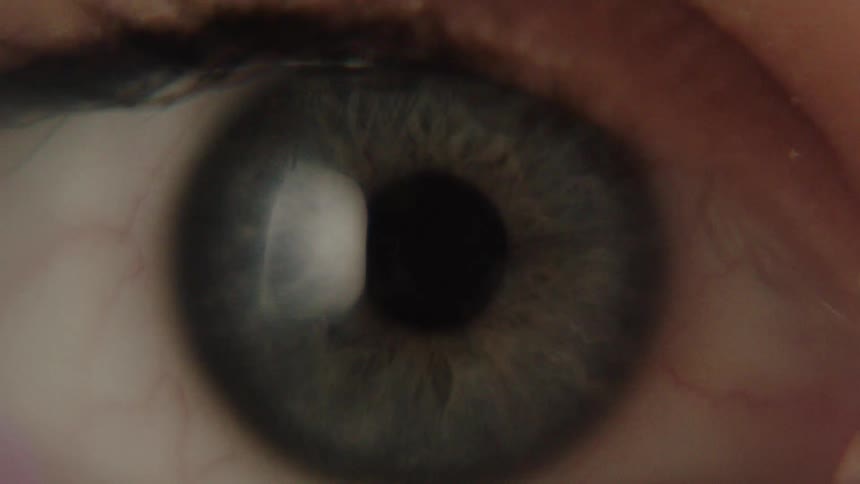 Extreme close up of blue eye shifting and scanning around
