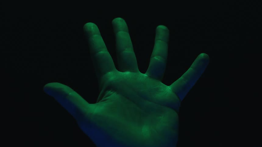 A palm lit in green and purple glows against black