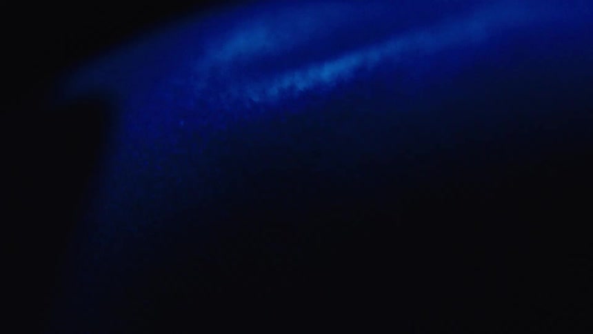 A very dark view shows fingers scratching human skin under blue lights