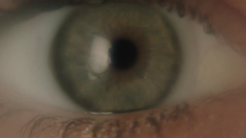 The video shows an extreme closeup of a persons eye with a greengray iris the person blinks slowly and the pupil dilates slightly