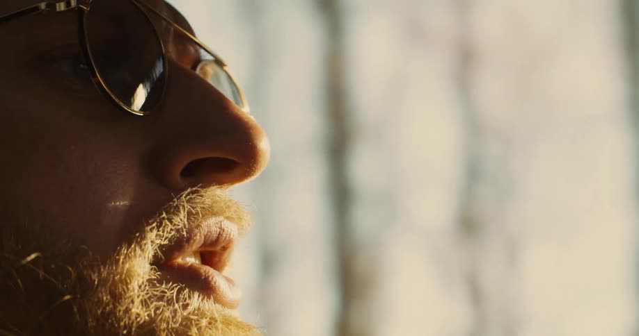 A closeup side profile shot of a man with a beard and sunglasses while he is inside a car driving