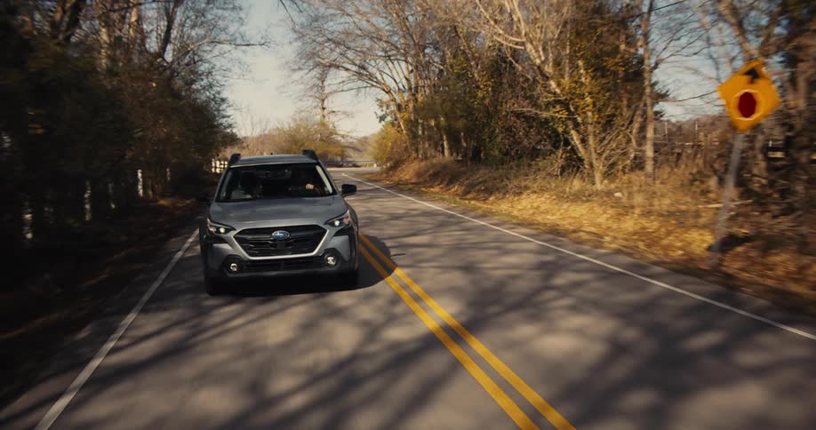 Gray car drives on a curved road in a wooded rural area