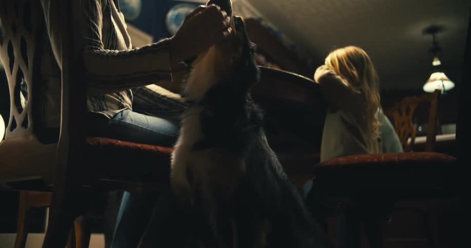 A woman pets a dog while seated at a dining table with her daughter sitting to her right and staring at the dog