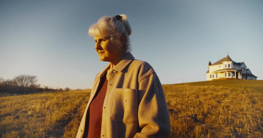 An elderly woman with her hair in a ponytail stands in a golden grassy field with a house in the background as the sun shines on her face