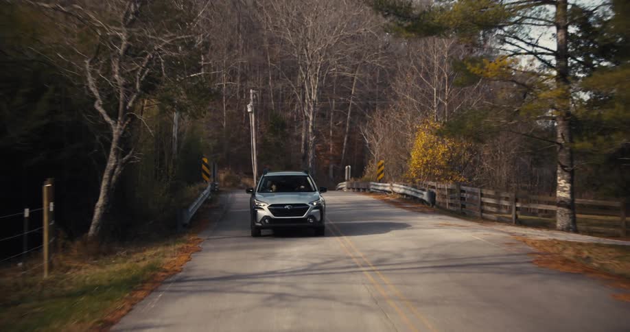 A car drives down a quiet rural road surrounded by autumn trees