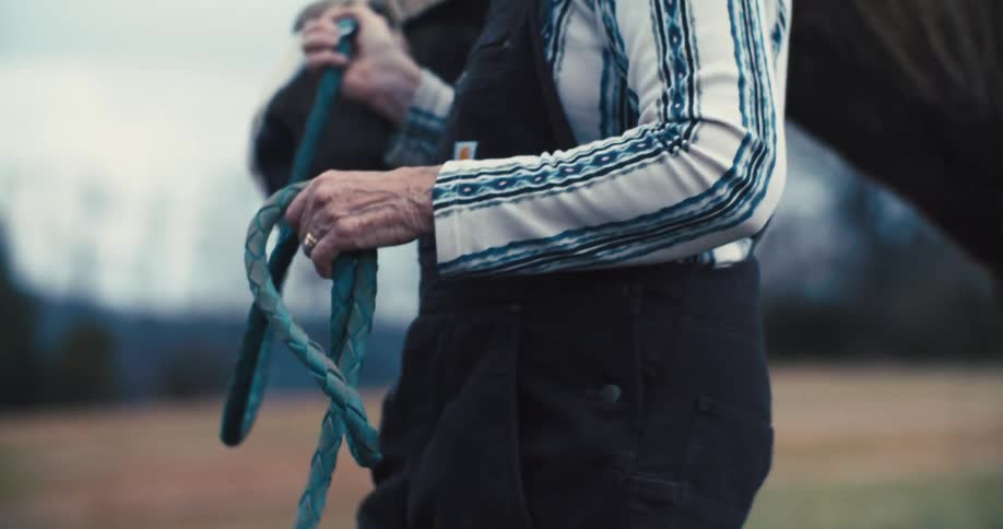 Close up of an older woman leading a horse through pasture