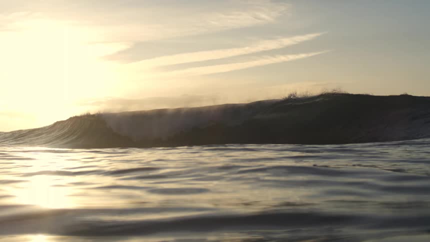 A large wave rising then slowly rolling over the sea surface