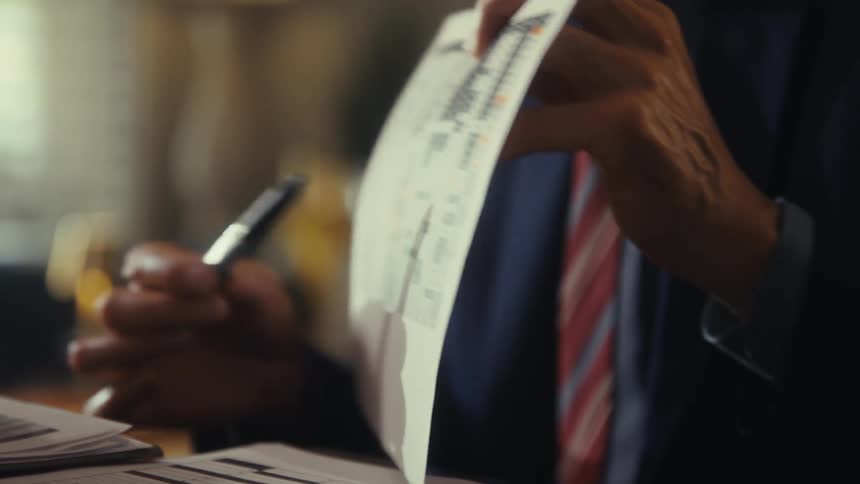 Man in a suit pointing with a pen at a chart on paper