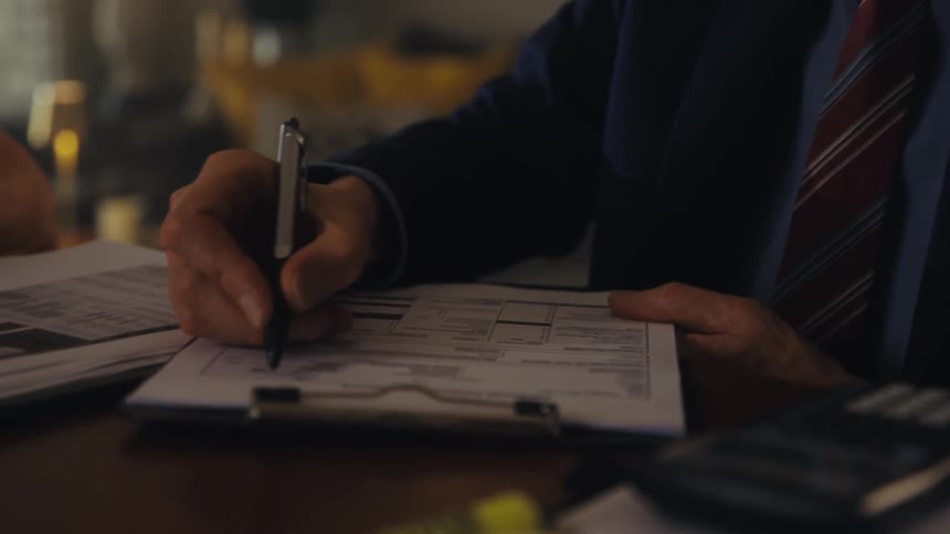 A man wearing glasses and a suit sits at a table while talking and using a pen to fill out a form