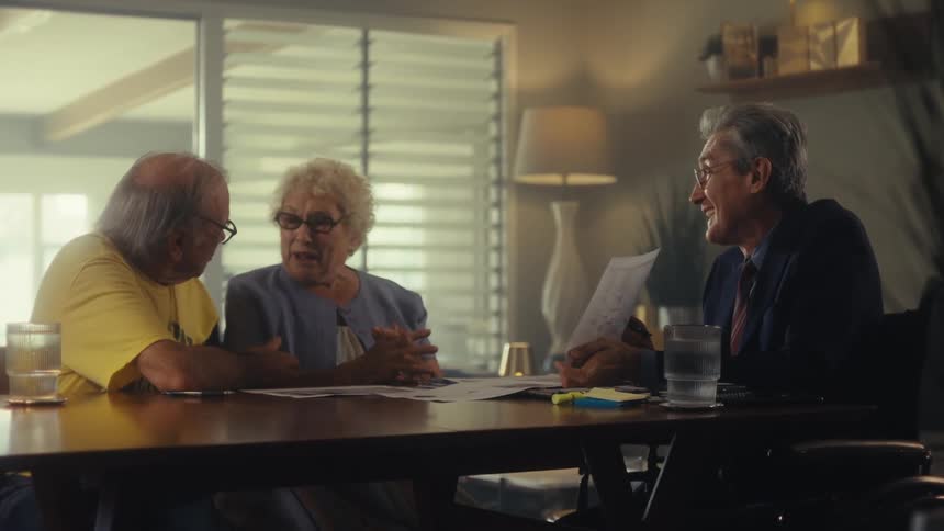 A man shows off paperwork and talks with people at their home