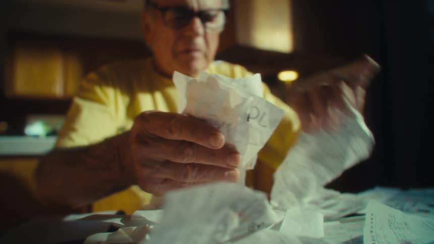 An elderly man wearing a yellow tshirt and glasses is gathering some papers that were on a table in a indoor setting