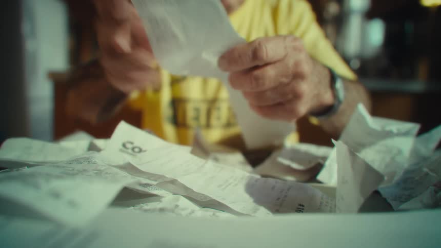 Elderly mans hands handle a pile of receipts scattered across the table