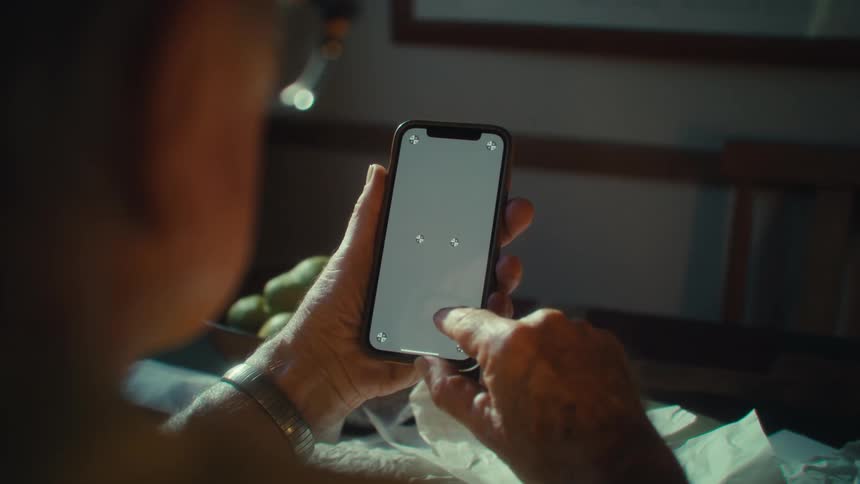 An elderly persons hands and fingers swiping and interacting with the blank screen of a smartphone in a domestic setting