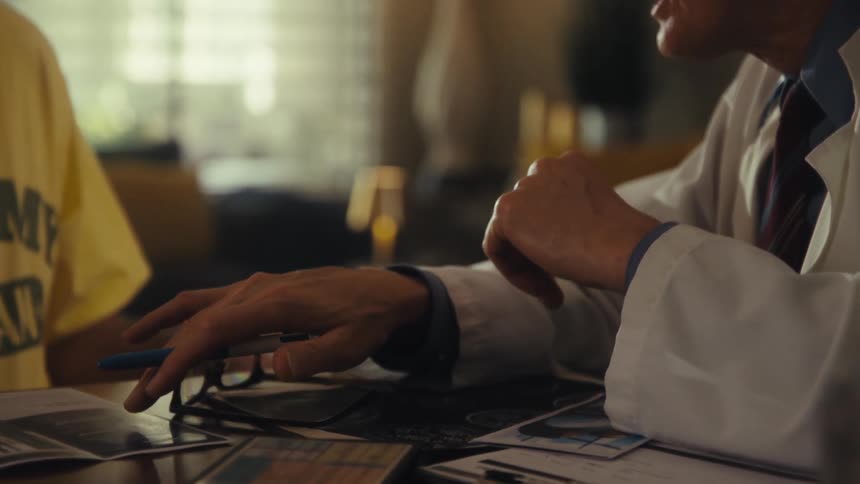 A medical professional wearing a white coat and stethoscope sits at a desk across from a man in a yellow shirt holding a blue pen in his right hand