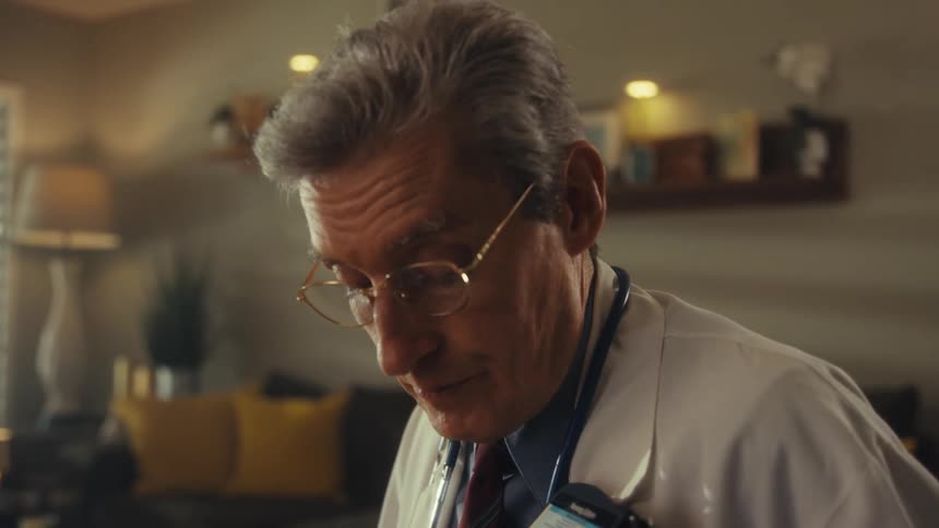 A medical professional wearing a white coat a dark tie and glasses sits at a desk and talks with his hand gesturing as he speaks