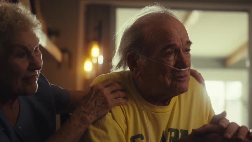 A man wearing a yellow shirt and a nasal cannula sits at a table with a woman resting her hands on his shoulders and a third persons hand patting his hand