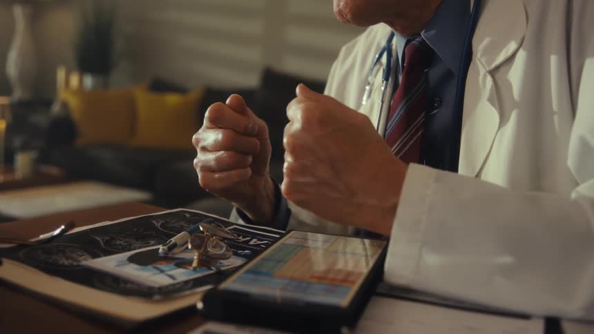 A doctor wearing a white lab coat a red and blue striped tie and a stethoscope sits at a desk while speaking and gesturing with his hands