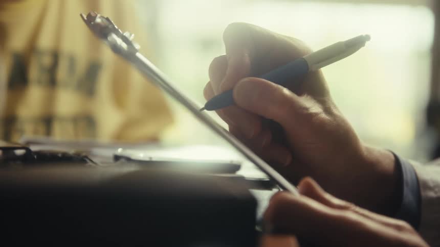 The doctor fills out a form on a clipboard