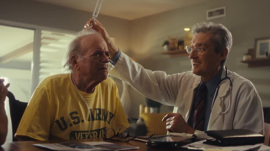 Doctor performing a tuning fork test on an elderly patients head