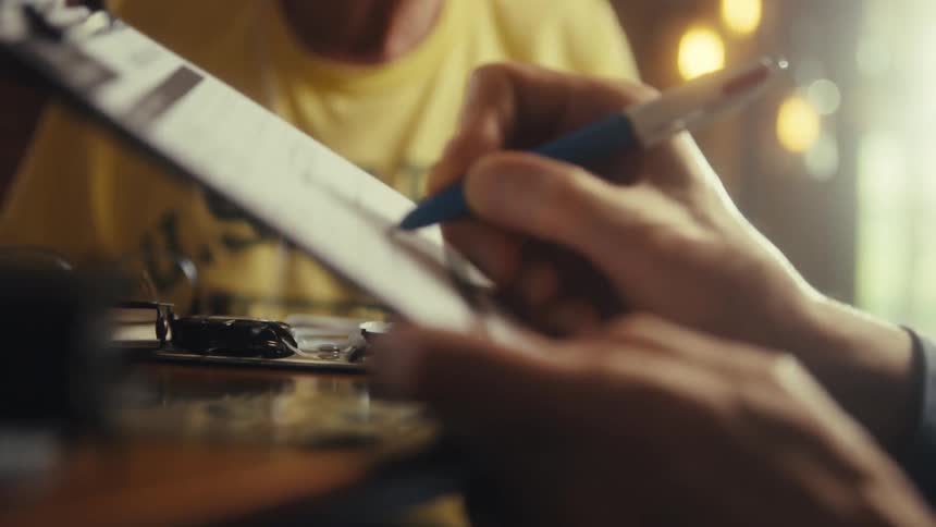 An elderly man wearing a yellow tshirt that says veteran sits in a doctors office wearing a nasal cannula while the doctor writes on a notepad