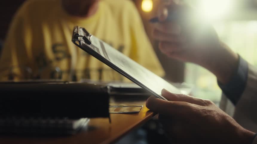 Hand fills out a form on a clipboard placed on a table with cards and documents