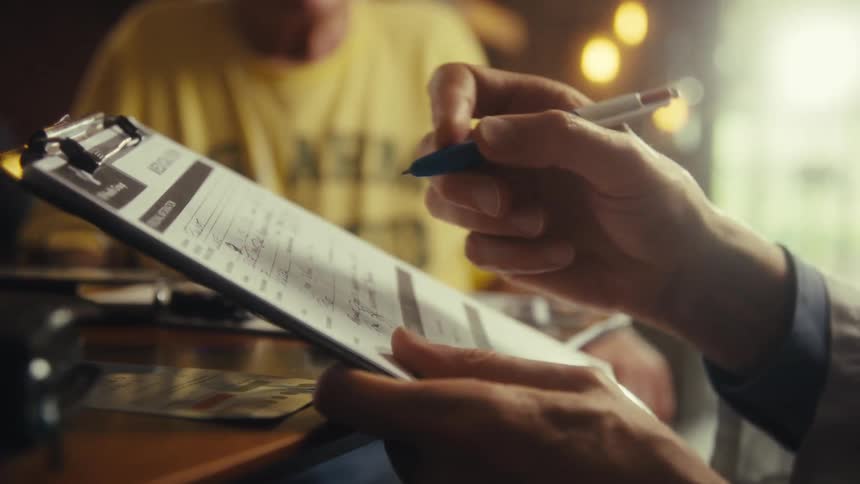 A doctor writes on a notepad with a pen while an elderly man and woman sit beside him