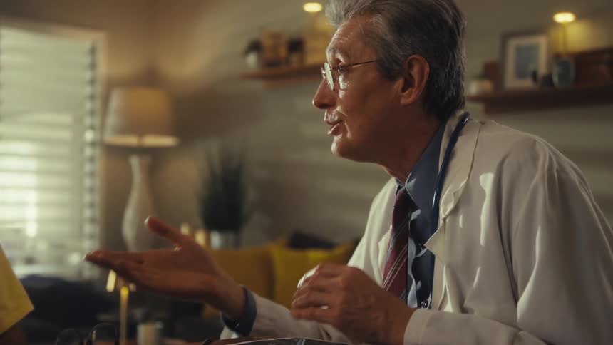 Doctor talking to elderly man with oxygen cannula wearing yellow army veteran tshirt next to a woman