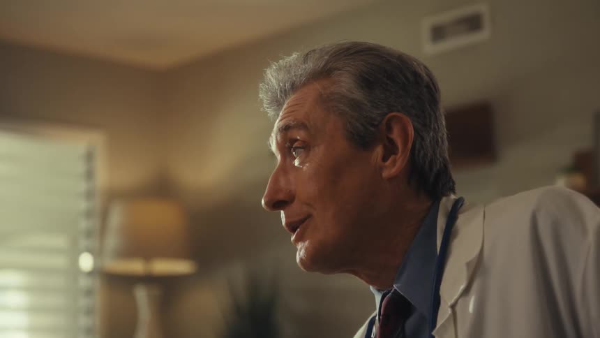 A closeup of a doctor with grey hair and glasses wearing a white coat a tie and a stethoscope as he takes off his glasses and smiles while speaking